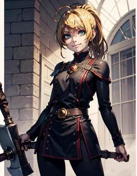 se1 girl, blonde hair, high ponytail with long bangs on the side of her face, hazelnut eyes, sexy body, hazelnut eyes, expressive eyes, playful expression, wearing a short overall with nothing underneath, ((She wields a giant hammer with her right hand) no...