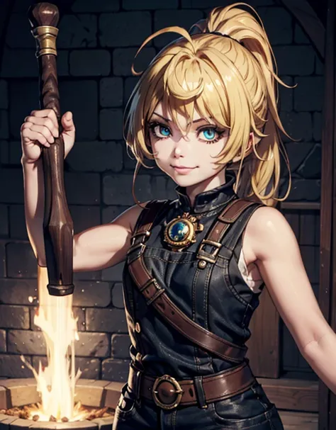 se1 girl, blonde hair, high ponytail with long bangs on the side of her face, hazelnut eyes, sexy body, hazelnut eyes, expressive eyes, playful expression, wearing a short overall with nothing underneath, ((She wields a giant hammer with her right hand) no...