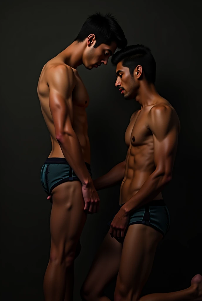 Create a handsome korean man standing and handsome kerala man kneel down in front of him and kissing korean man's underwear. Both are wearing underwear.