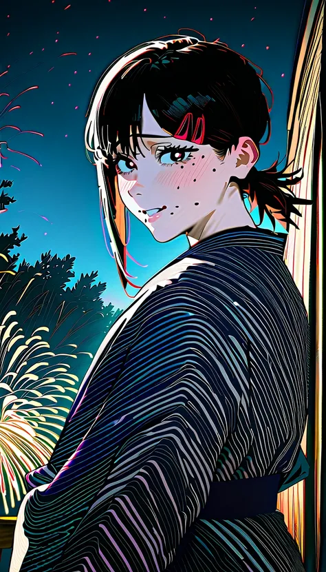 1girl, higashiyama kobeni, wearing kimono, patterned kimono, firework in background, (masterpiece), ((cinematic)), cinematic lighting, beautiful light, best quality, newest,safe, absurdres, smiling , look at viewers, turn head back, blushing, cowboy shot