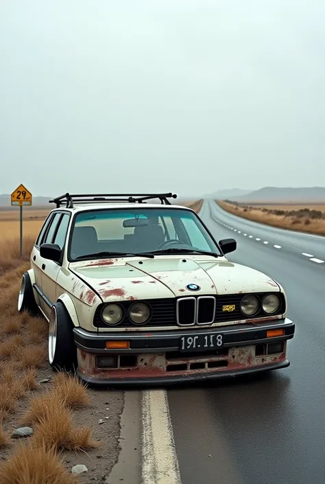 A crashed BMW E30 touring Tunned in a Highway 