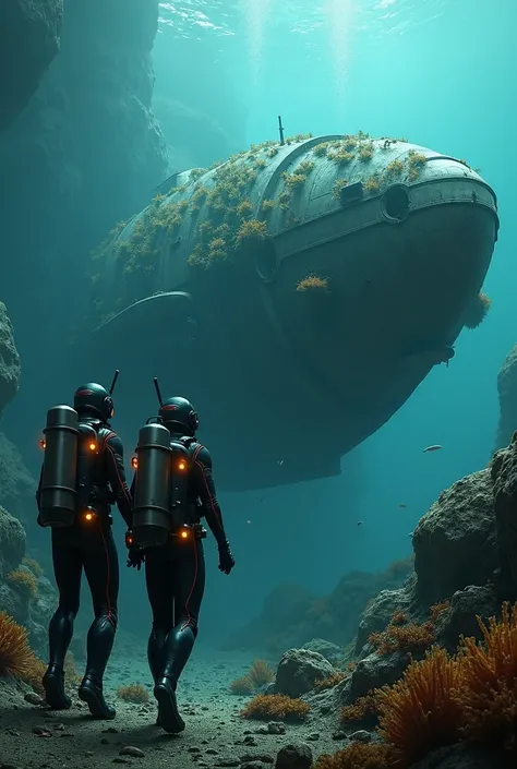 two divers whose clothing is perceived to be from the future, They dive inside a spaceship perched on the bottom of the sea, covered by all kinds of mollusks and algae, la nave está semienterrada con un gran agujero por el que entran los dos extraterrestre