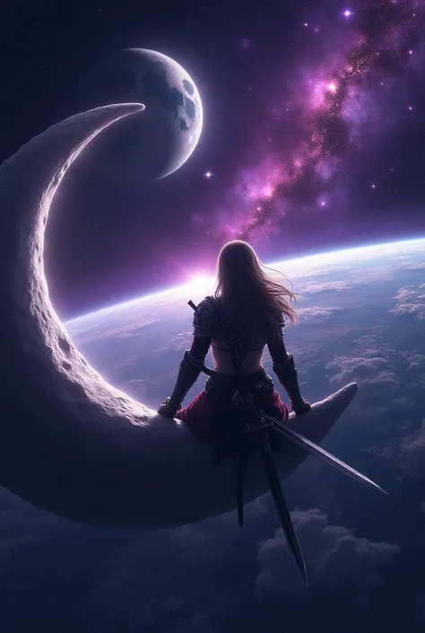 "A female warrior sitting on the edge of the moon, facing slightly away from the viewer. Her legs are dangling from the moon, with her sword sheathed on her back. Her hair is flowing in the wind. The scene is viewed from behind her, showing her profile. In...