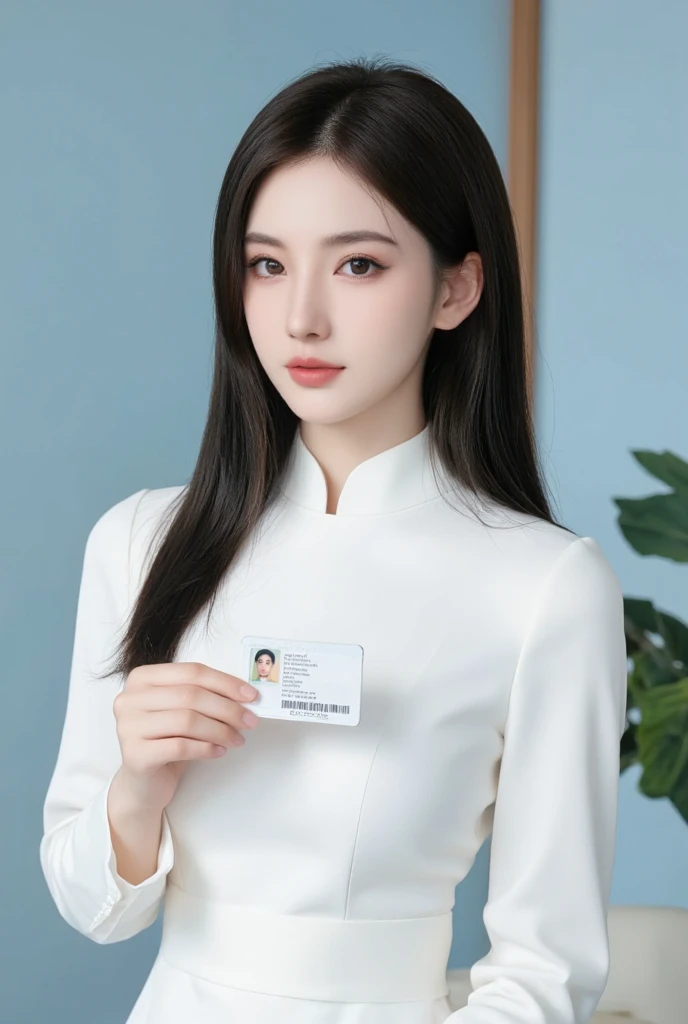 Professional close-up portrait photo of a beautiful Asian girl in a white Vietnamese long dress,  she is holding a citizen's ID card , Simple light blue background 