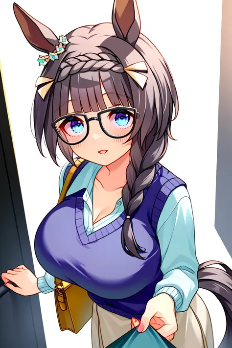 zenno rob roy \(umamusume\), umamusume, zenno, glasses, black-framed eyewear, black hair, blue eyes, horse ears, horse girl, horse tail, braid, 1girl, animal ears, horse ears, horse girl, long hair, single braid, crown braid, purple hair, bangs, short hair...