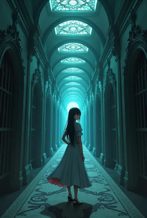 a hallway in house with 6 doors and a woman standing anime style