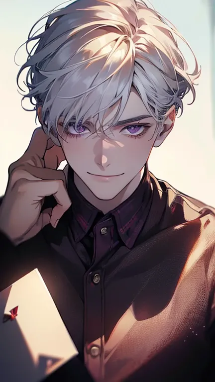 (realistic:1.37, borrowed letter ,4K,8k, highres, masterpiece:1.2), ultra-detailed,Young,Caucasian male, dark purple eyes ,gentle smile, simple clothes ,School Atmosphere , medium hair, white hair, light smile . Between Shadows and Choices