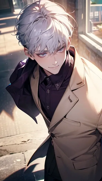 (realistic:1.37, borrowed letter ,4K,8k, highres, masterpiece:1.2), ultra-detailed,Young,Caucasian male, dark purple eyes ,gentle smile, simple clothes ,School Atmosphere , medium hair, white hair, light smile . Between Shadows and Choices