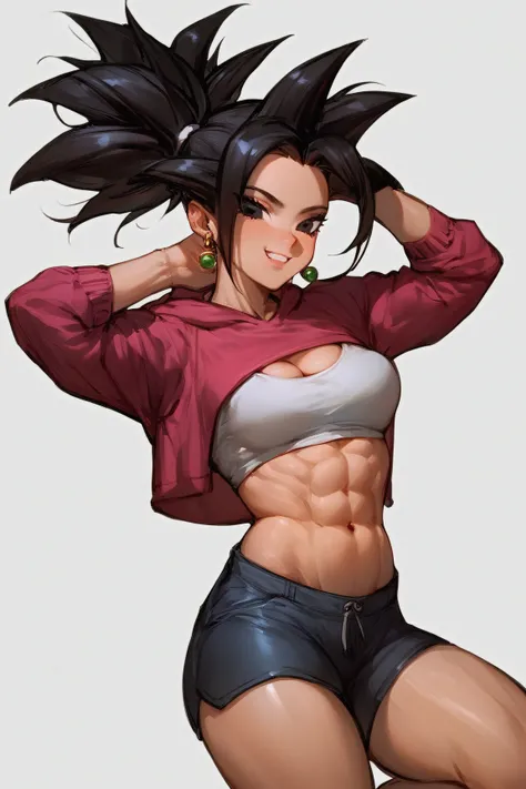  BREAK Truje Central _Kefla_ ownwaifu , 1 girl, the large,  black eyes,  black hair,  tabs, Potara earrings ,  pointed hair, cabello corto,  ponytail,  breasts,  long hair, perfect body with crop hoodie sweatshirt,shorts and bikinis under 