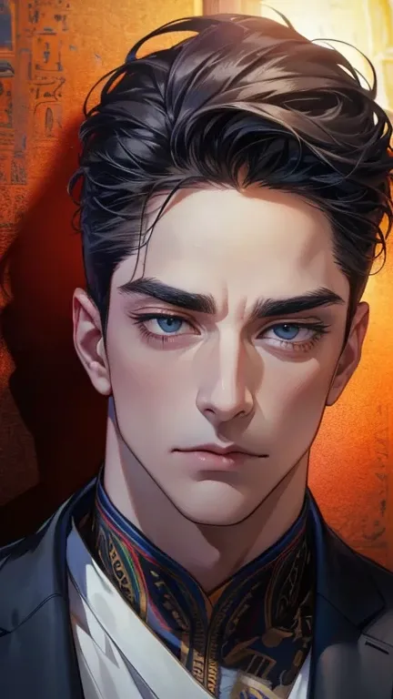 (       High quality. ,4K,8k,       highres,       masterpiece :1.2),       ultra-detailed    ,(realistic,photorealistic,photo-realistic:1.37),36-year-old man,10-day beard,Beautiful anime,Portraits,strong,Masculine,   with dark gray hair  ,sharp jaw,      ...