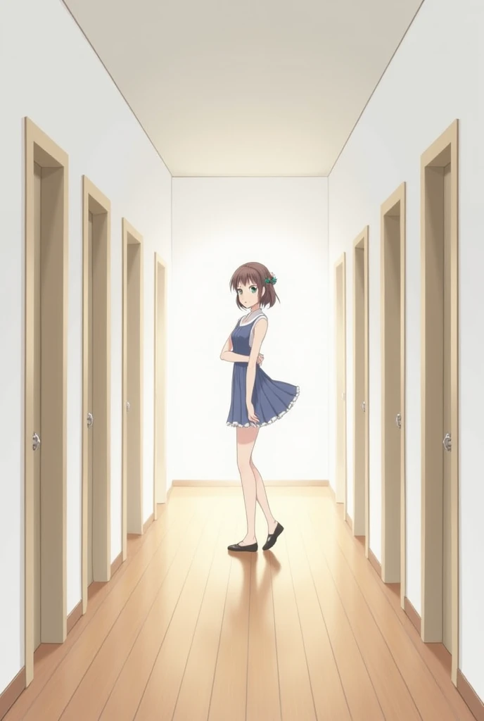 a hallway in a simple house with 6 doors and a woman standing anime style