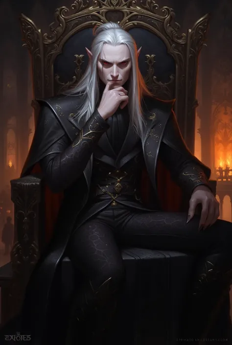 "Certainly! Here's a detailed prompt based on the image:

"A regal and menacing vampire lord seated in a dark, gothic chamber, illuminated by the fiery glow of a distant hearth. His long, flowing silver hair cascades over his shoulders, and his piercing re...