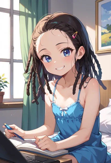 (( top quality)), (( Masterpiece)), (be familiar with),  perfect face,  indoor, bedroom,  watching viewers,
One woman, Discovered,
開いた口,  ecstatic expression, blush, smile,
 small tits,  flat chest, Young girl,  lori,  s,  girl,
 long hair,  dreadlocks,
 o...