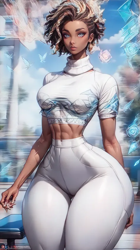 (date:20250130, By:Joulios) (((a portrait of african girl in center wearing white turtleneck-shirt and white yoga-pants)(big hips, big thighs, waist))(masterpiece, best quality, ultra-detailed, illustration, epic lighting, cinematic composition)((from the ...