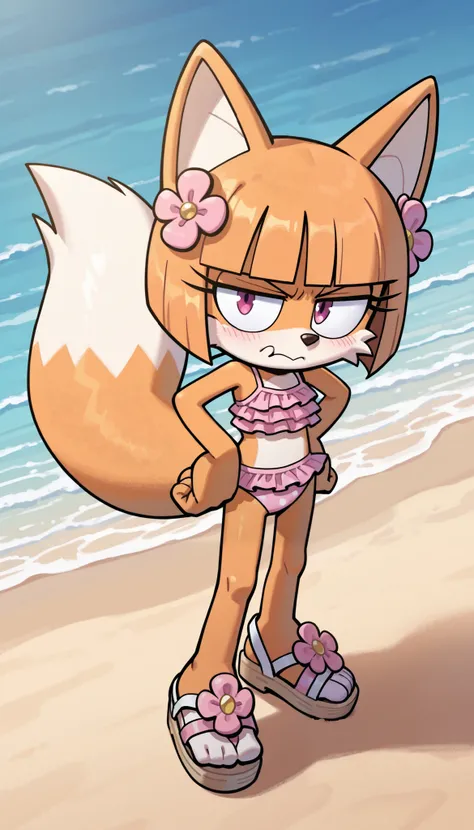 score_9, score_8_up, score_7_up, Vivian, 1girl, solo, furry, furry female, fox ears, animal ears, bangs, blunt bangs, two-tone fur, orange body fur, white body fur, tail, fox tail, pink eyes, ((hair ornament, pink frilly bikini, sandals)), (short body, tin...