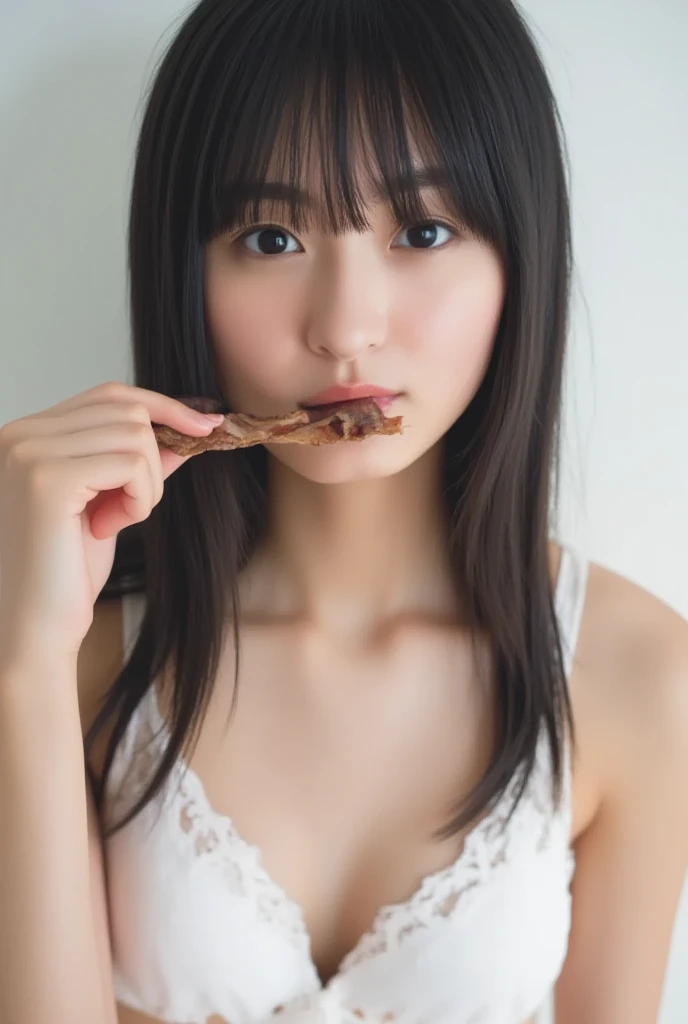  1 girl, solo, 大きなchest, chest,  black hair,  shortcut, Straight Hair,  shoulders with chocolate,  open your mouth, tongue, tongueを出す,  happy/joy,  food on his face , Smell, tongue出し, Bitter smile, chestの谷間が見える、 is eating、 eating deliciously 、 is wearing u...