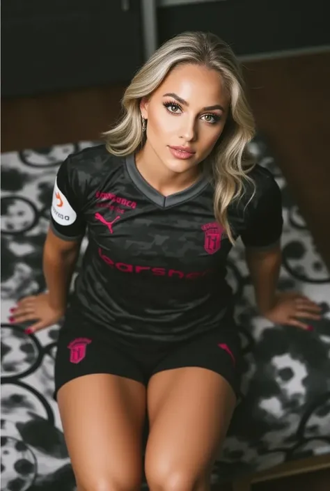 (generate a beautiful European lady, straight blonde hair, pretty eyes,sexy body, white skin), (masterpiece:1.2), ultra-detailed, in a black football jersey, black shorts, beautiful face, pretty face, beautiful eyes, beautiful nose, sexy lips, raytracing, ...