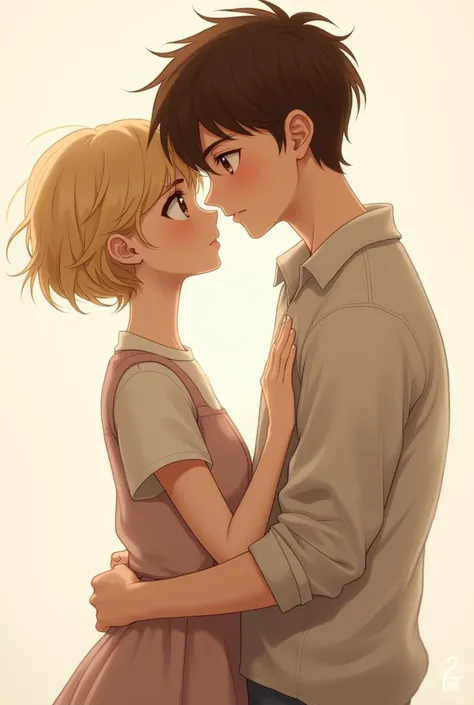 A girl with short, skinny blonde hair with brown eyes embraced by a boy with tall brown hair, skinny and brown eyes without sticking her forehead.