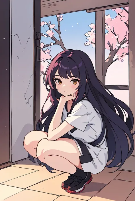  girl with long hair and a dress,
the anime girl is crouching, anime pose, beautiful anime girl squatting,casual pose, neutral pose, anime style character