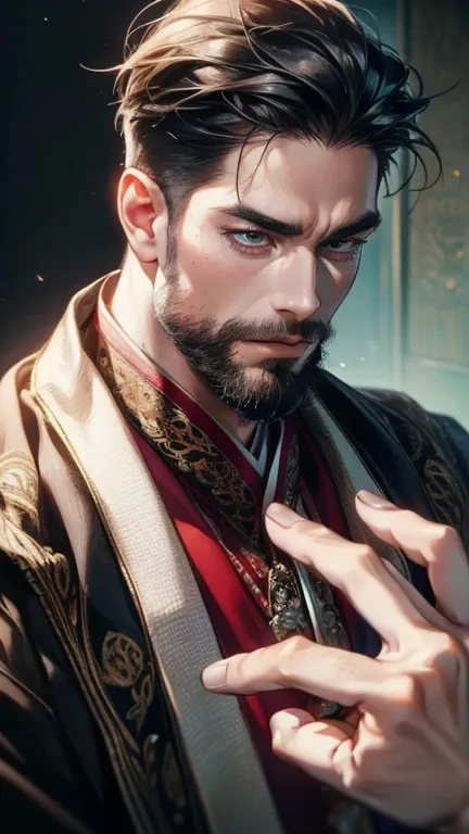 (       ,4K,8k,       highres,       masterpiece :1.2),       ultra-detailed    ,(realistic,photorealistic,photo-realistic:1.37),36-year-old man,3 day beard,Beautiful anime,Portraits,strong,Masculine,        with black hair  ,sharp jaw,             mesmeri...