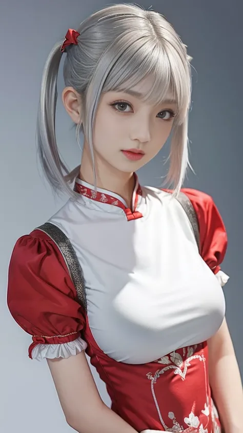  Woman 1,     high image quality  ,  Masterpiece,    TOP QUALITY ,    short hair,    medium boobs,   On a Chinese dress，   Silver Hair，     Mole Under Eye ， red clothes、 twin tails