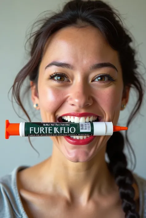 Generate a woman smiling proudly displaying a superglue tube permanently glued between her teeth 