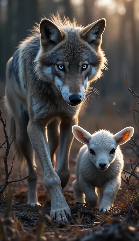 A young, thin gray wolf with dull fur and sharp blue eyes walks slowly toward a small lamb trapped in thorny bushes. The wound on the wolf’s left leg is clearly visible, and its body appears weak from starvation. Its gaze is intense, but not with the inten...