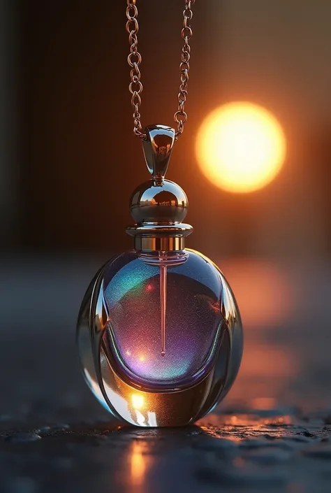 " An elegant miniature perfume bottle incorporated into a fine jewelry necklace for women.  The container is made of iridescent glass ,  reflecting colors that change with light .  Its design is minimalist and futuristic ,  with curved lines inspired by an...