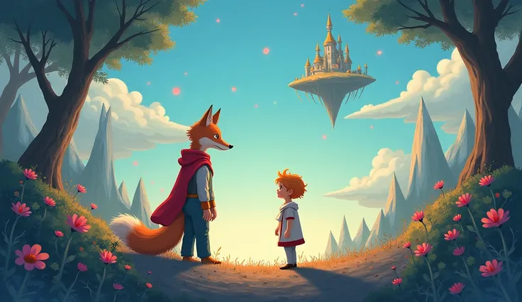 MAKE AN ILLUSTRATION OF LITTLE PRINCE AND THE FOX IN AN ENCHANTED WORLD