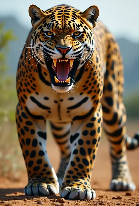 Jaguar with its mouth open WITHOUT background blur, with the animal in an open place