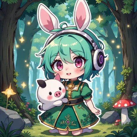 Cute chibi anime illustration, girl with short messy mint-green hair above shoulder length and round red eyes and rosy cheeks, wearing unique headphones with mechanical bunny ears attachment (white base with pink inner ears and black circular sensors), com...