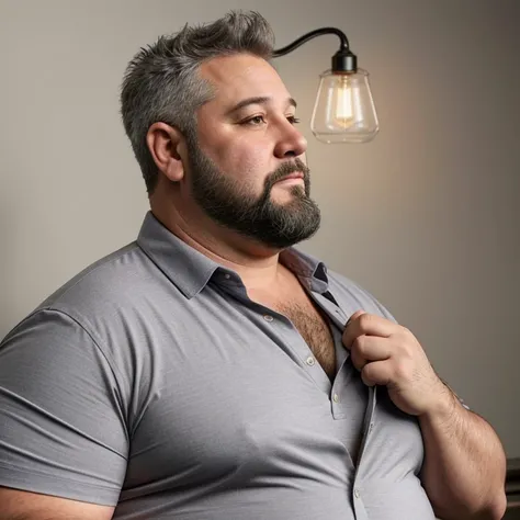 Chubby, fat, male  350 pounds, middle aged,thin beard, full body view from the side, Charmed , big chest, dynamic light, opened Shirt,  Gray hair and beard, extremely hot and sexy, Daddy figure, hot daddy , dramatic, looking humiliated