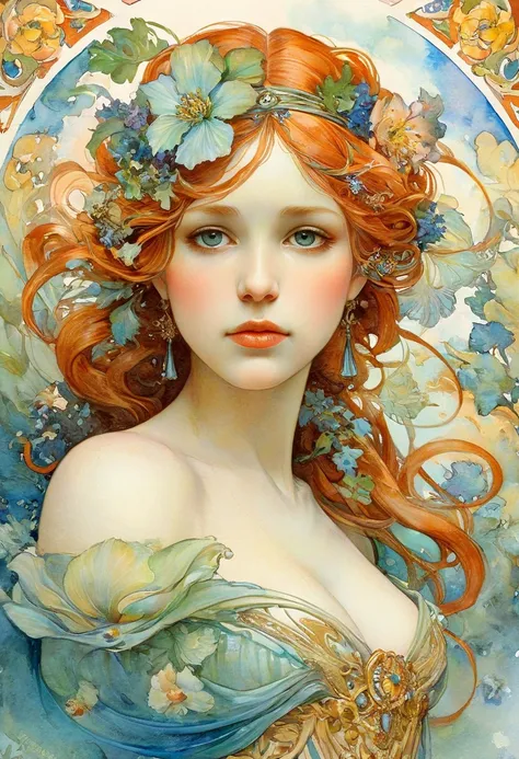 Depicts a beautiful woman with flowers in her hair、Highly detailed watercolor painting, The style of Alfons Maria Mucha and Gustav Kirmut, Art Nouveau accents, Fairy Princess, Anthropomorphic woman, Female figure, Detailed cover artwork, As the Flower Godd...