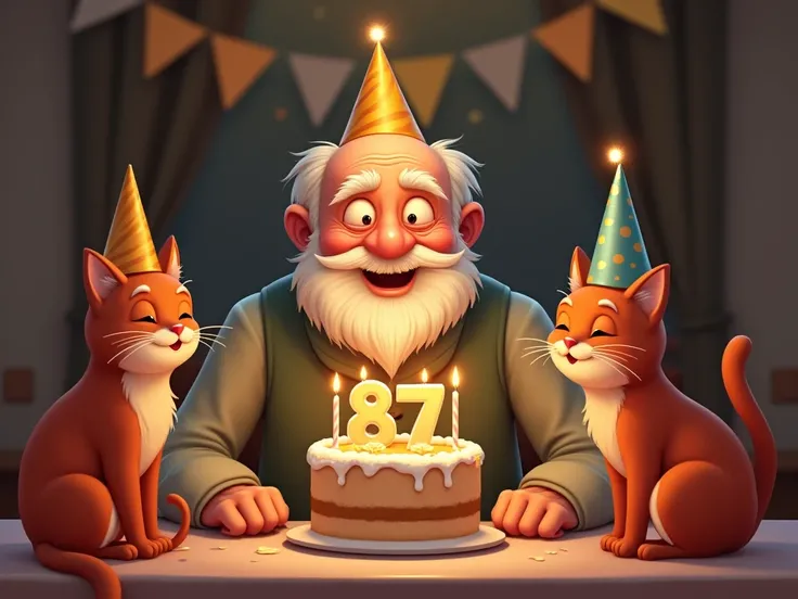 Grandpa with half-bald head and white beard, Celebrating its 87. Birthday. He blows out the candles on the cake. It says 87.  He is celebrating with two red cats. Everyone is wearing party hats.