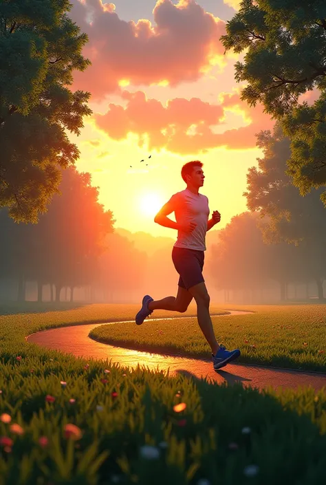 Person running in a park at sunrise.