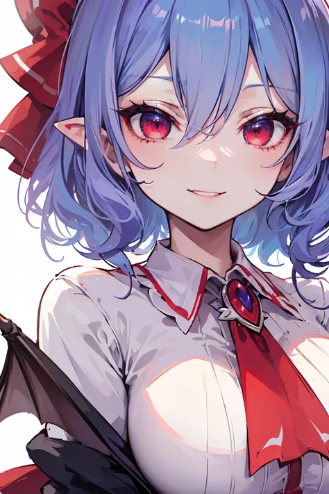 (((remilia scarlet))), ( bat wings), (vampire), cabello corto, ((( Blue Hair))), ((standing)), ((((close-up of face)))), (( jacket, tight shirt)),  evil smile,, 