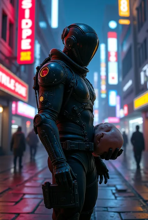 Futuristic bounty hunter with a pure chopped head in his hand, He is standing in a street where neon lights are shining on the houses