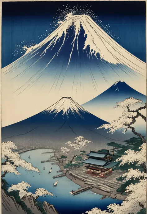 Aerial view of Mount Fuji ,  Katsushika Hokusai ,  is the best quality,  masterpiece,  8,000,  Representative Sex Works ,  official art, major,  super complex and detailed