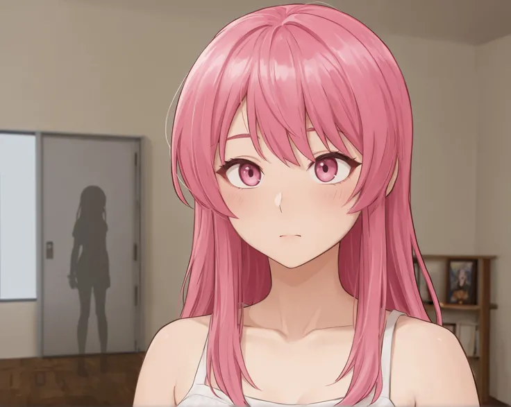  room background, qualityที่ดีที่สุด, โมเดล room background,  High Detail, quality,  Pink Hair, Long hair,  chest ,  redhead,  pink eye, Silhouette,  Small Pattern Picture , mirage,  Anime, สไตล์ Anime,   seen in its entirety