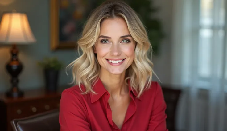  Image of a woman, blonde,  medium wavy hair ,  green eyes, serene face,  delicate smile, wearing a red shirt,  sitting at her desk in her doctor's office. Office with sophisticated and elegant decoration.35