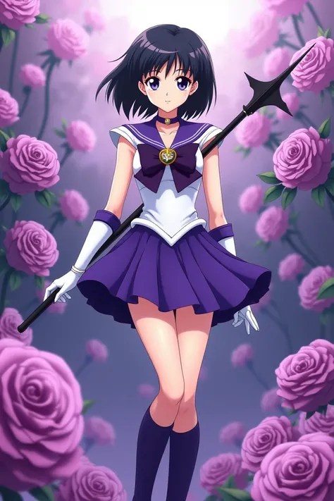 Make a high-quality high-resolution image of Sailor Saturn, a young adult with short black hair, wearing her purple scout dress with dark purple ribbon on her chest with her long white gloves while holding a scythe of silence with her long purple boots wit...