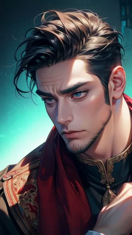 (       ,4K,8k,       highres,       masterpiece :1.2),       ultra-detailed    ,(realistic,photorealistic,photo-realistic:1.37),36-year-old man,3 day beard,Beautiful anime,Portraits,strong,Masculine,        with black hair  ,sharp jaw,             mesmeri...