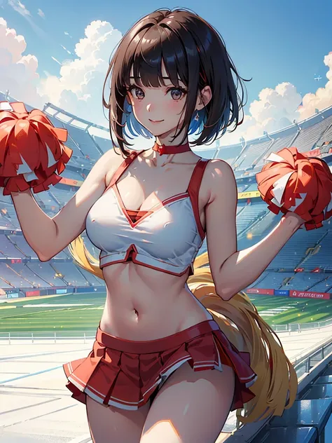  Masterpiece,  top quality,  ultra high resolution, ( Detailed Details), ( perfect anatomy), 8k, UltraHD, ( photorealistic), ( natural light), ((blue sky)), ((The background is the stadium)),  1 beautiful girl, (( Cheerleader)),  perfect beautiful face in ...