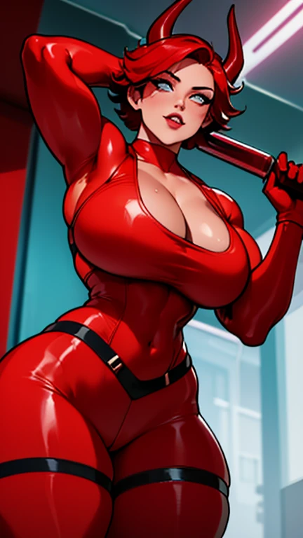  (best quality,4k,highres,masterpiece:1.2), A woman, 25 age, short hair, large breasts, wide hips, amber eyes, thick thighs, shirtless, holding a chainsaw, leather gloves, harness, gun holster, neck red bandana, thigh stockings, devil horns, thigh red suit...