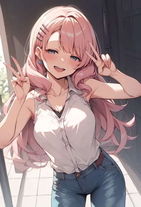  solo, Medium tit, JK, IDOL, blonde to pink hair, long hair, jeans, sleeveless knit, Standing, black panties, (smile, blush), (open mouth, half closed eyes), Peace pose