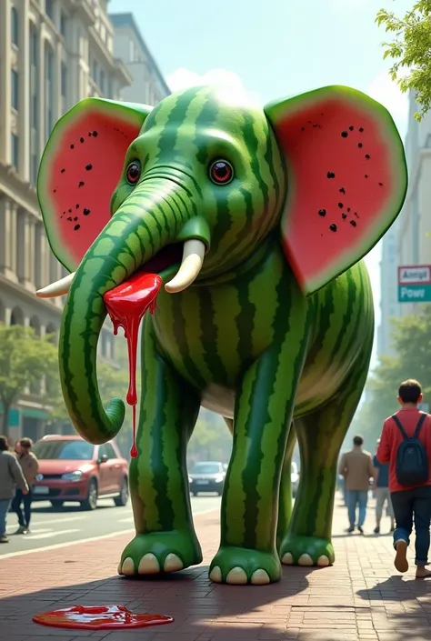 an elephant, made from watermelons ,  walking down the street,  and s take pieces of its trunk and eat.