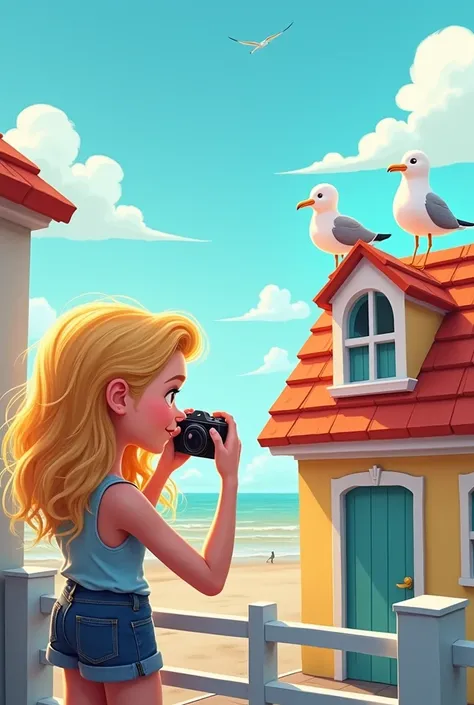 A cartoonish beautiful blonde girl takes pictures from the balcony of beautiful cartoon seagulls on the roof of the house across the street