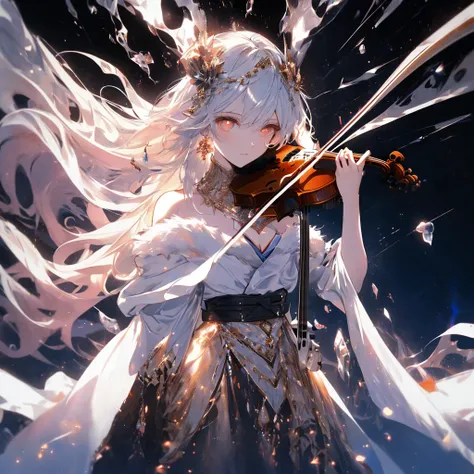 masterpiece， highest quality， Observe the audience， length Hair， Fresh， A Knight，White Theme， （（（（Neon City，）））），(((play violin))), off shoulder dressed in a shoulder-revealing with white fur coat, long fur around her shoulders，Front view，Glowing red Eyes，...