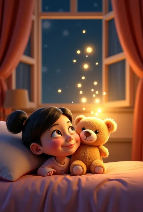 Create for Youtube in 3D Pixar-style cartoon girl lying on her bed looking at night embracing her teddy bear looking at the window that opens and a bright golden breeze comes in 