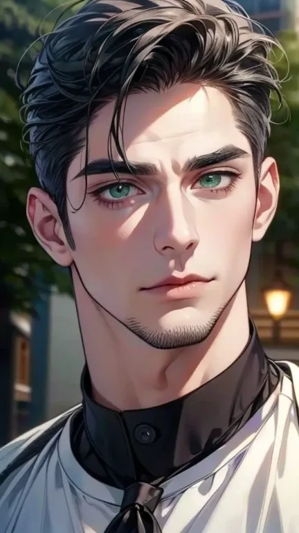 (   ,4K,8k,   highres,   masterpiece:1.2),   ultra-detailed,(realistic,photorealistic,photo-realistic:1.37),36-year-old man,3 day beard,cute anime ,Portraits,strong,Masculine,   dark hair,sharp jaw, mesmerizing gray-green eyes ,   perfectly combed hair,   ...